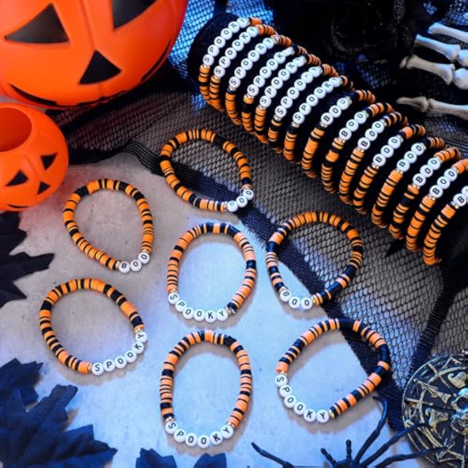 24 Pcs Spooky Boo Halloween Bracelets Polymer Clay Beaded Stretch Bracelets Letter Boho Jewelry For Women Halloween Party Favors For Family Friend Accessory Gift(Orange And Black)