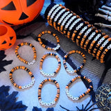 24 Pcs Spooky Boo Halloween Bracelets Polymer Clay Beaded Stretch Bracelets Letter Boho Jewelry For Women Halloween Party Favors For Family Friend Accessory Gift(Orange And Black)