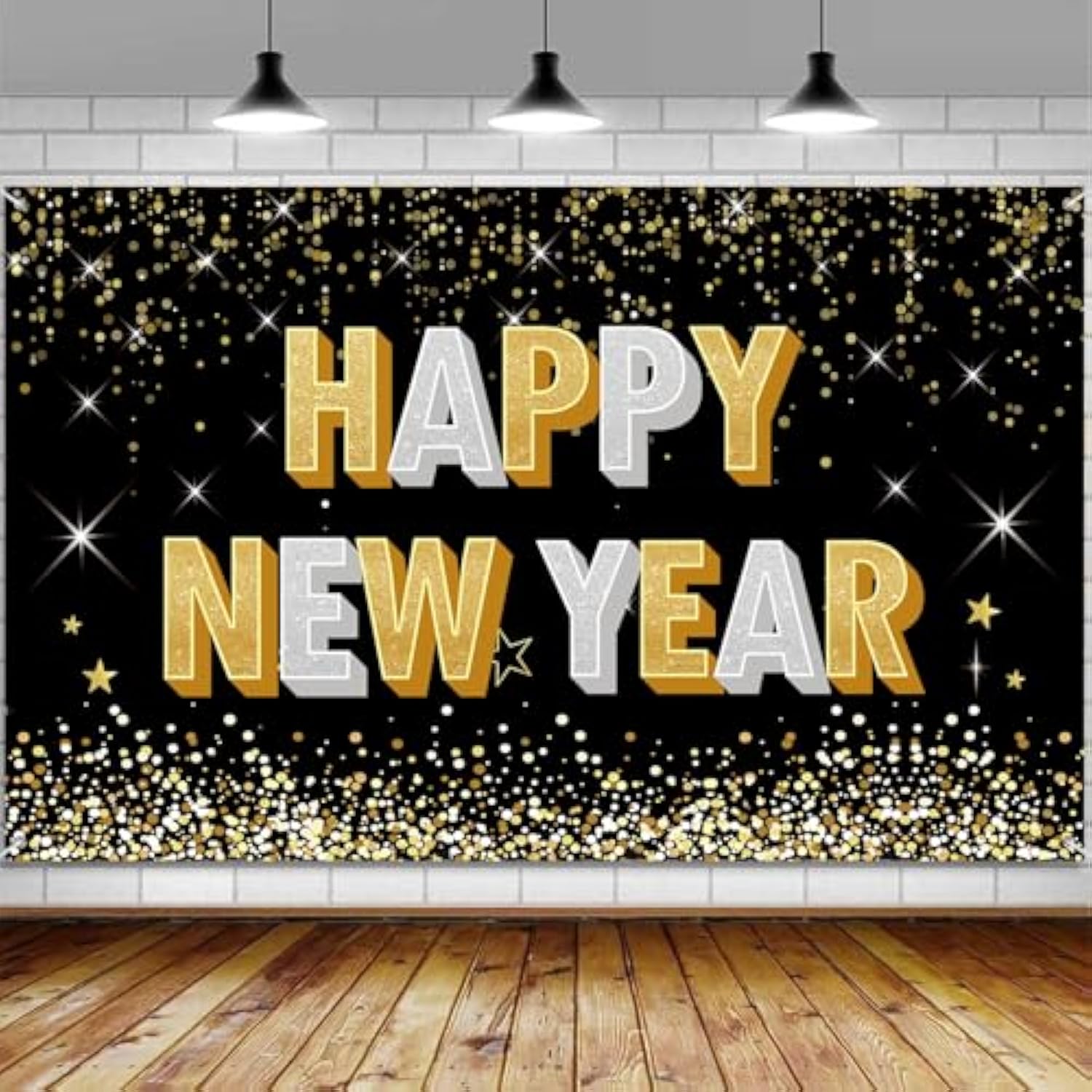 Happy New Year 2025 Banner and Backdrop 72x44 Inch Black and Gold for Party Decor