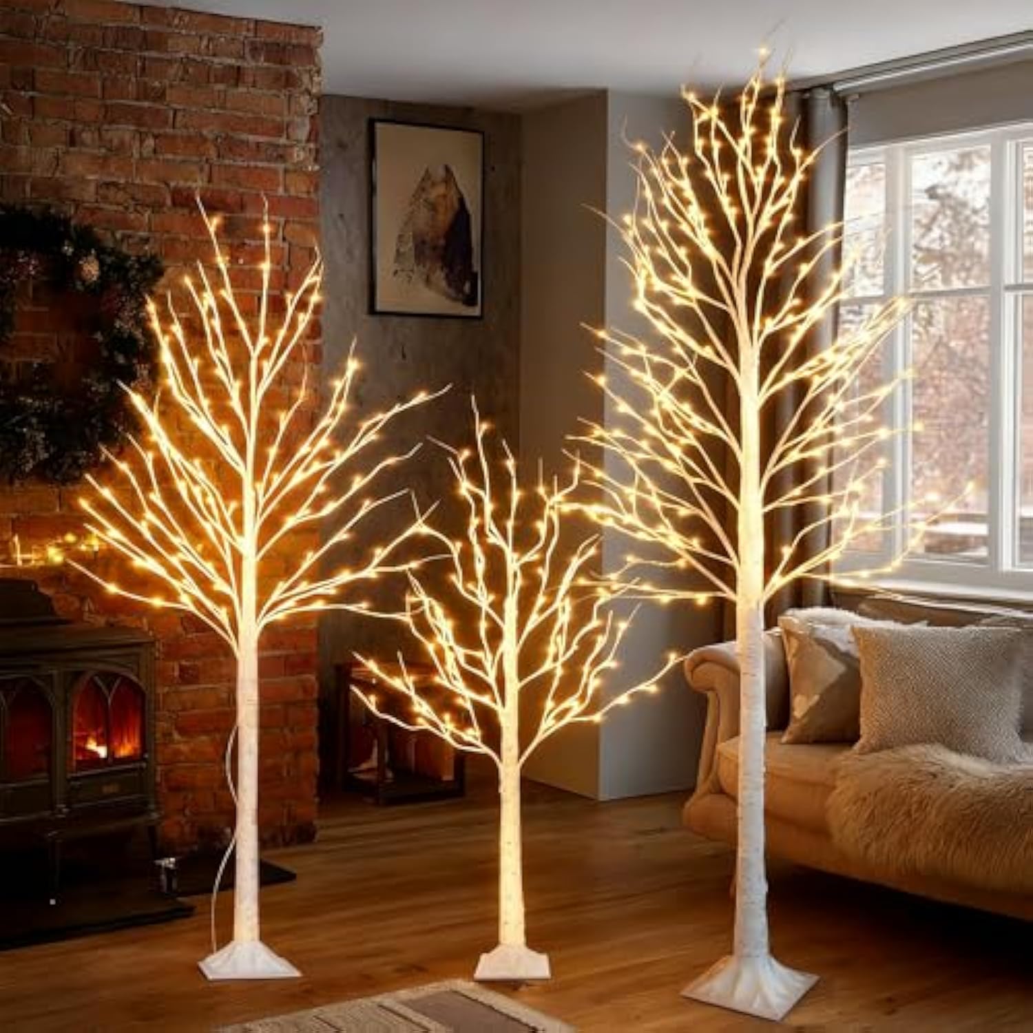 Set Of 3 Lighted Birch Tree, 4Ft 6Ft 8Ft White Artificial Christmas Tree With Total 456 Led Light, Prelit Waterproof Christmas Decoration For Indoor Outdoor Thanksgiving Wedding Holiday