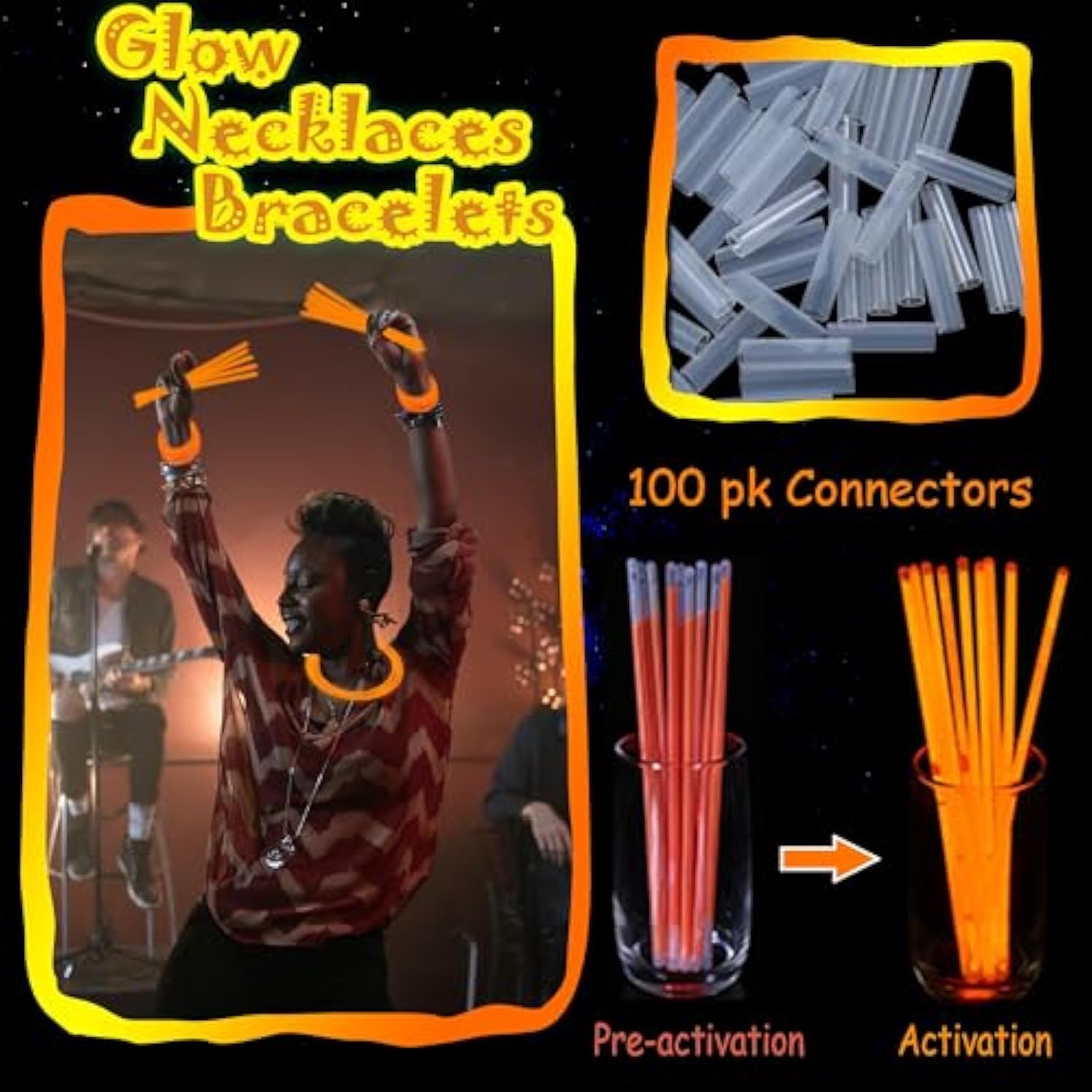 100 Pcs 8 Inch Orange Glow Sticks for Parties, Necklaces, and Bracelets