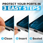 PortPlugs Anti Dust Plugs (10 Pack) - includes Charging Port Cleaning Brush - Flat Design Port Protector Cover - Compatible w/iPhone 14, 13,12,11 & Air Pods - Black