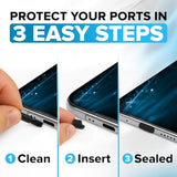 PortPlugs Anti Dust Plugs (10 Pack) - includes Charging Port Cleaning Brush - Flat Design Port Protector Cover - Compatible w/iPhone 14, 13,12,11 & Air Pods - Black