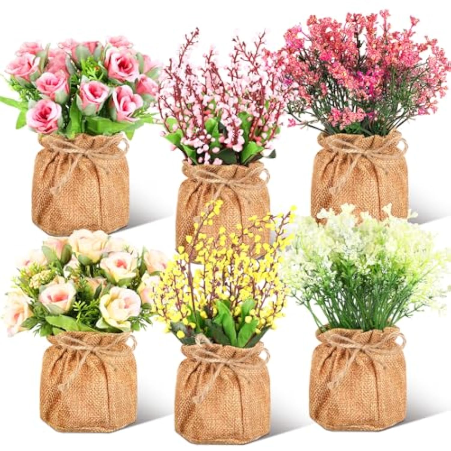 6 Pcs Artificial Potted Flowers Plastic Faux Flowers In Small Burlap Bag Vases Fake Spring Flower Table Centerpiece Fake Potted Plants For Home Farmhouse Office Kitchen Indoor Outdoor Table Decoration