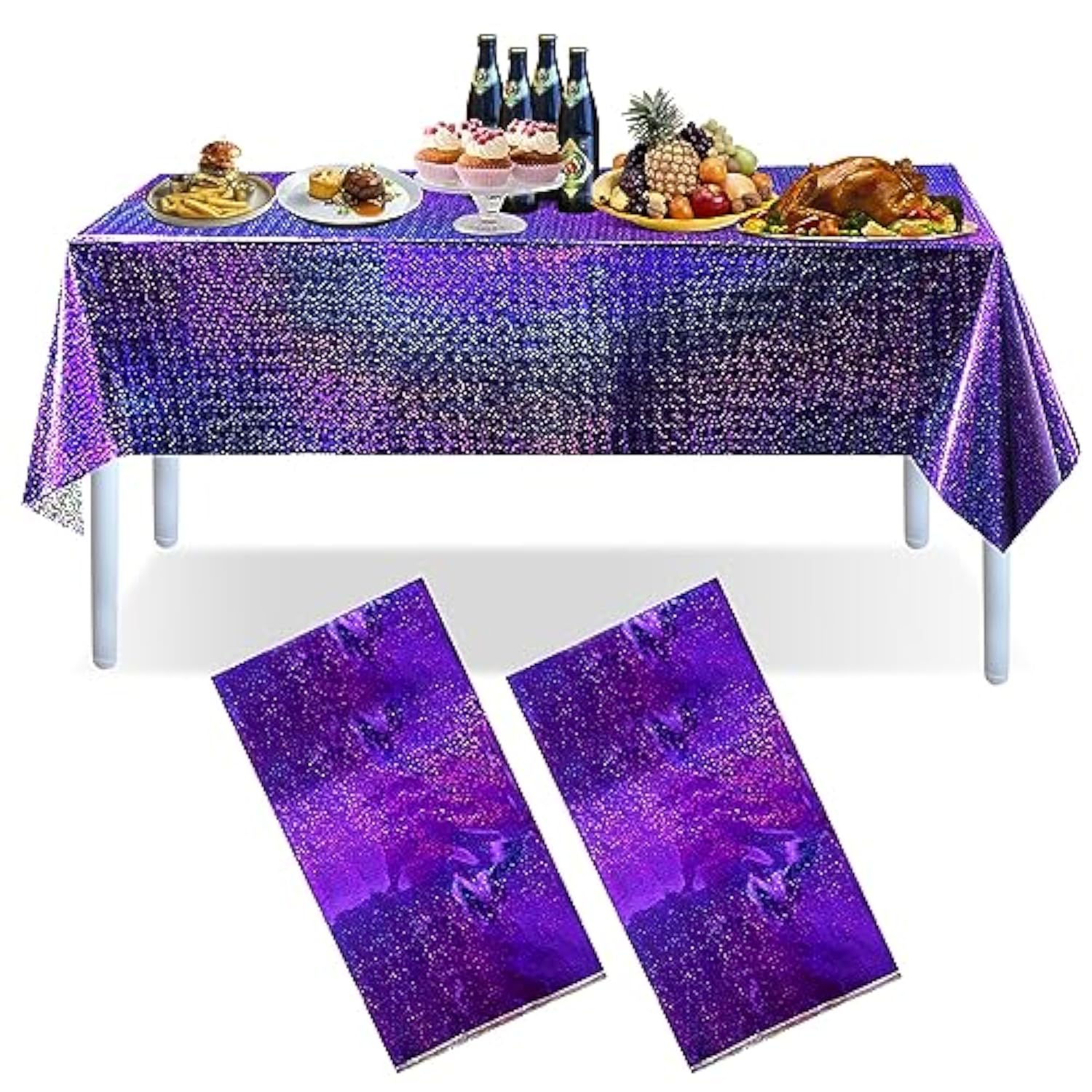 Silver Glitter Plastic Tablecloth Cover For Parties Iridescent Plastic Tablecloths Disposable Laser Rectangle Table Covers Foil Tablecloth Party Birthday Bridal Wedding Decoration (Silver, 2)