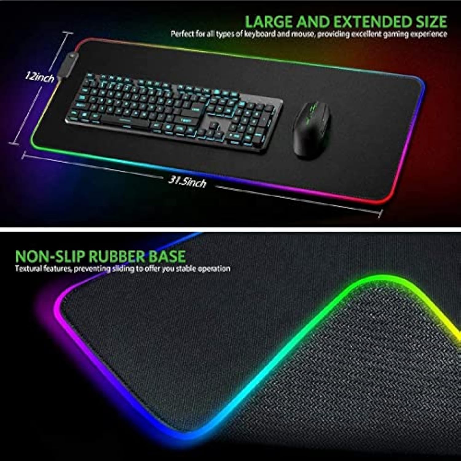 Talk Works Extra Large Rgb Gaming Mousepad - Non-Slip Rubber Base, Micro-Textured Durable Cloth, 7 Colors, 14 Lighting Modes, On/Off Light Switch, Usb Device Interface - 12 X 31.5 Inches, Black