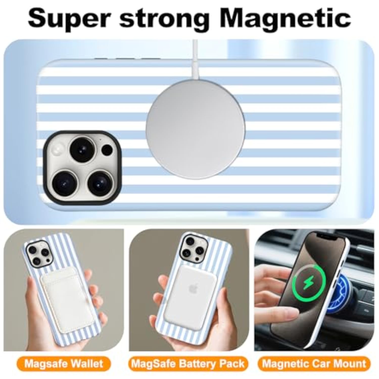 Magnetic Phone Case for iPhone 15 with Cute Stripes Design, Blue and White