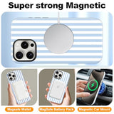 Magnetic Phone Case for iPhone 15 with Cute Stripes Design, Blue and White