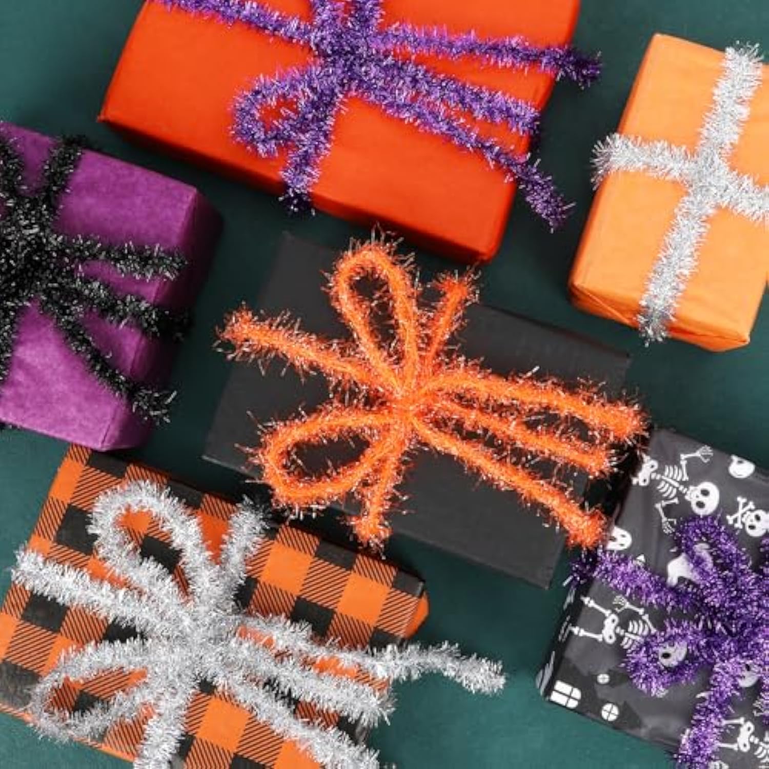 4 Rolls 65.7Ft Halloween Tinsel Ribbon Garland Black Orange Purple Silver Glitter Decor