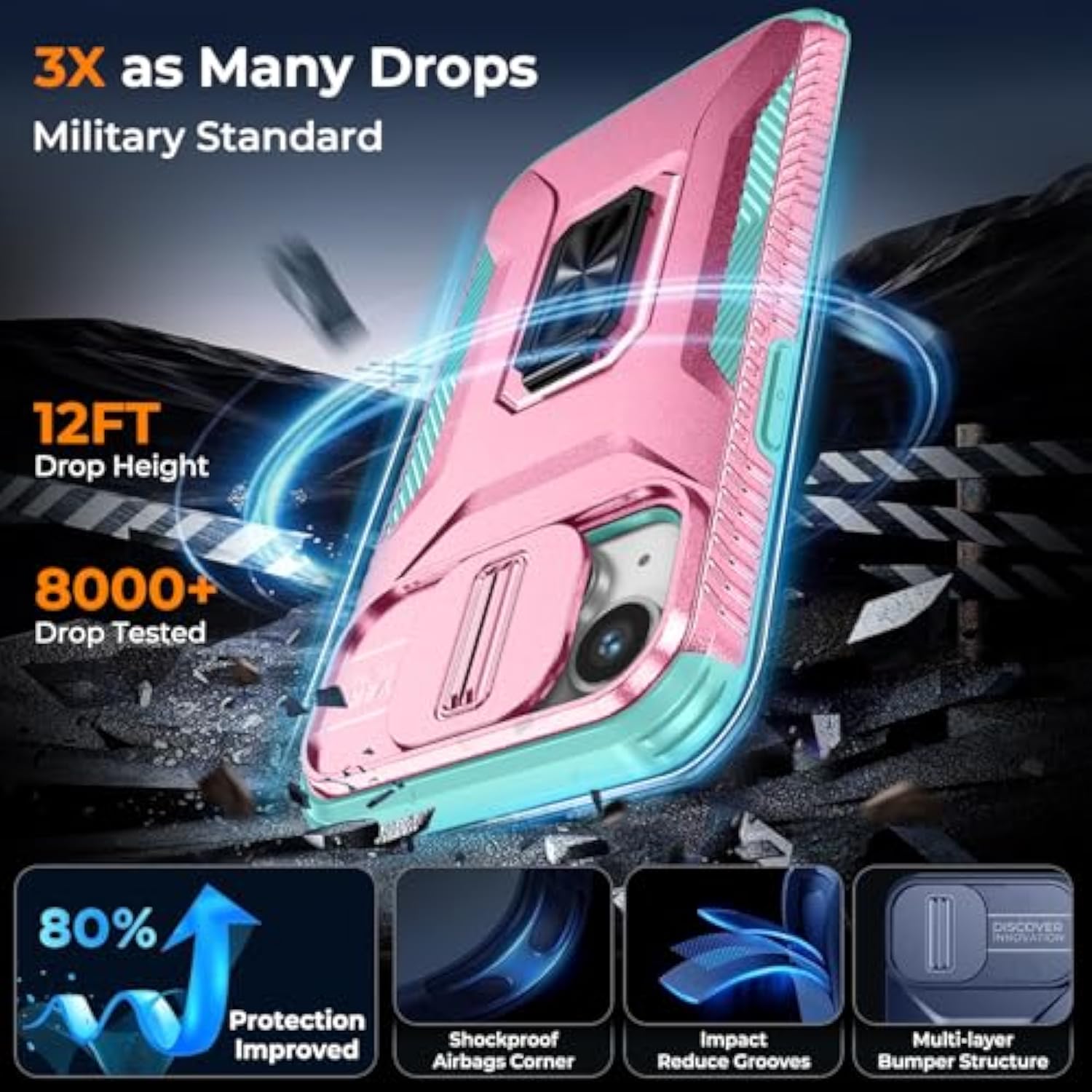 Case For Iphone 13/Iphone 14 6.1-Inch Slide Camera Cover+Screen Protector(2 Packs), Military Grade Shockproof Protective Cover, Rotated Ring Kickstand With Camera Protection (Pink+Celadon)