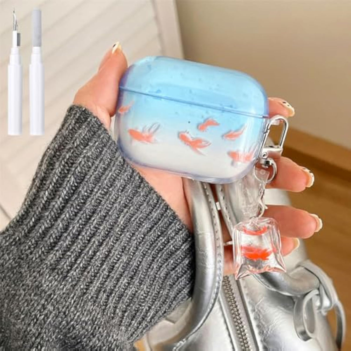 Compatible With Airpods 3Rd Generation Case 2021 Soft Tpu With Cleaner Kit Cartoon Fish Keychain Protection Cover For Airpods 3-Clear Blue