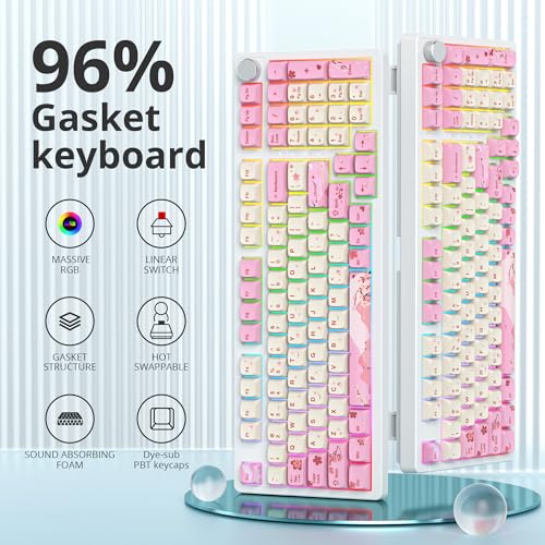 96% Wired Mechanical Gaming Keyboard,Gasket Structure Rgb Backlit Keyboard,98 Key Hot Swappable Keyboard With Control Knob,Nkro Compact Keyboards With Number Pad For Win/Mac(98 Flower)
