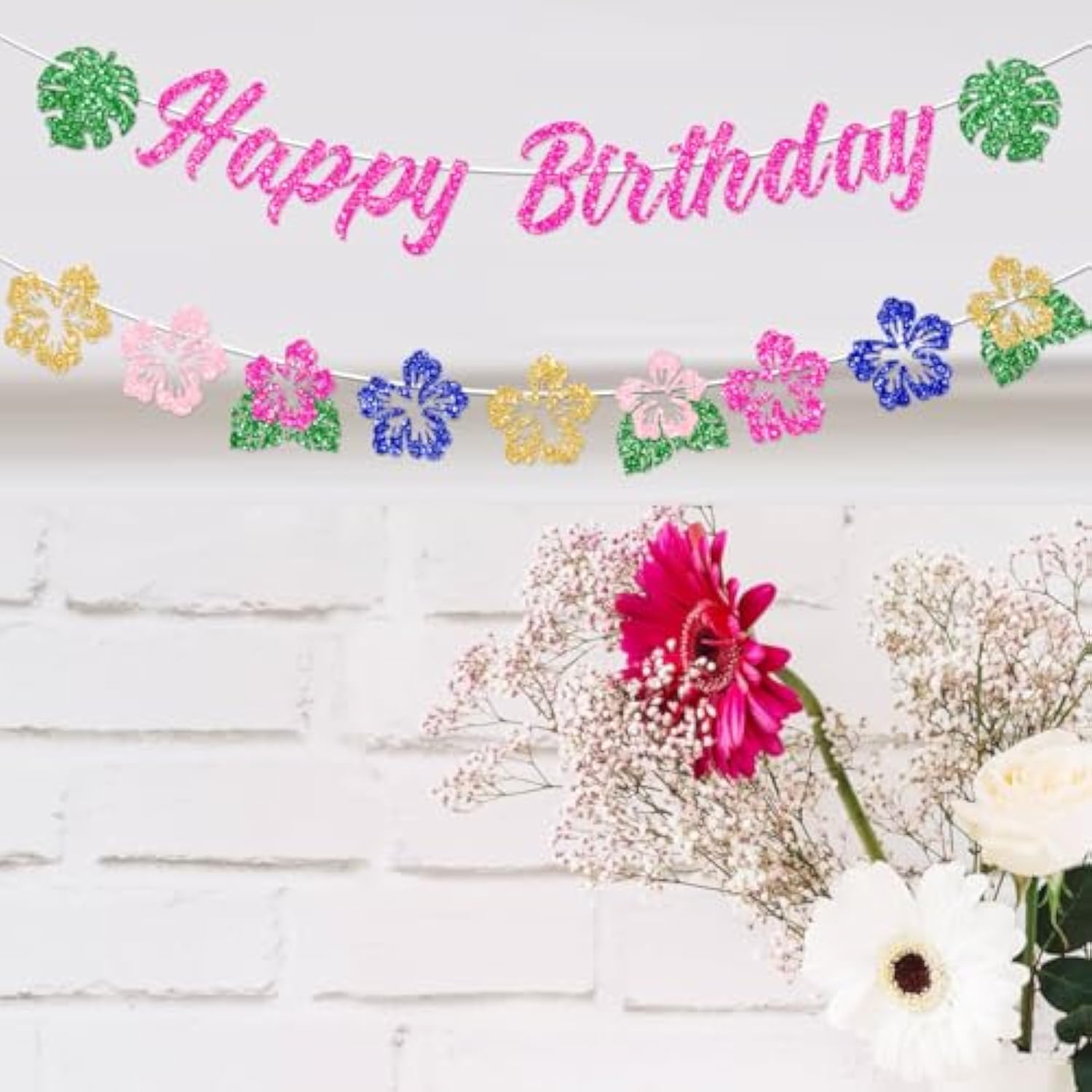 Glitter Hawaiian Birthday Banner for Tropical Luau & Moana-Themed Parties