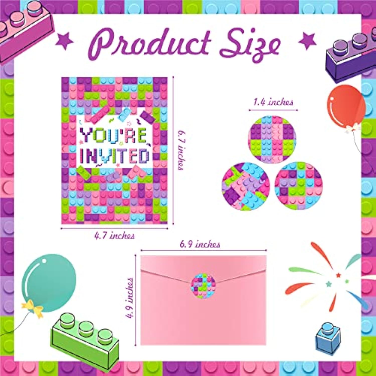 24 Set Girls Pink Birthday Party Invitations With Envelopes Bulk, Stacking Bricks Invite Card Set, Block Bricks Invitation Cards Sticker Labels For Girls Party Supplies Decoration