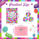 24 Set Girls Pink Birthday Party Invitations With Envelopes Bulk, Stacking Bricks Invite Card Set, Block Bricks Invitation Cards Sticker Labels For Girls Party Supplies Decoration