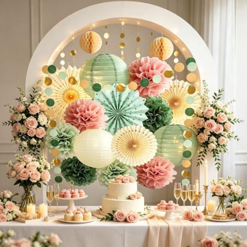 Sage Green & Dusty Pink Party Decor Set, Tissue Pom Poms Paper Lanterns Paper Fans with Garland, Decor Supplies for Birthday Wedding Bridal Shower Baby Shower (blun)
