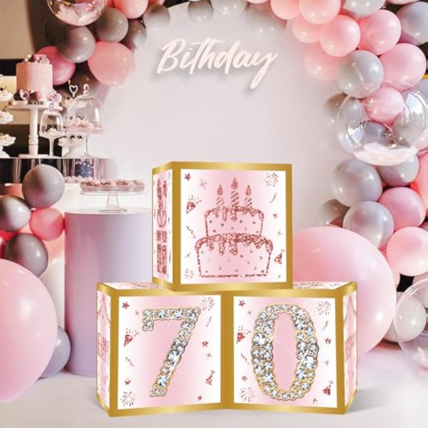 70Th Birthday Decorations Boxes For Women - 3Pcs Pink Rose Gold Happy 70Th Birthday Balloons Boxes,Seventy Year Old Birth Theme Cardboard Box Decor
