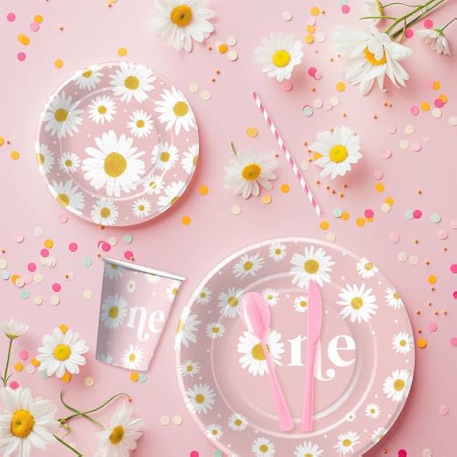 Daisy 1St Birthday Plates And Napkins Party Decorations Tableware, Groovy Retro Daisy First Birthday Party Supplies, Paper Plate, Napkin, Cup, Fork, Serves 24