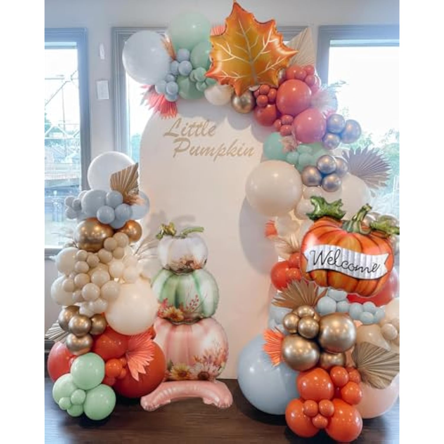 140pcs Little Pumpkin Balloon Garland Kit Blue Green Orange Balloons with Pumpkin Maple Leaf