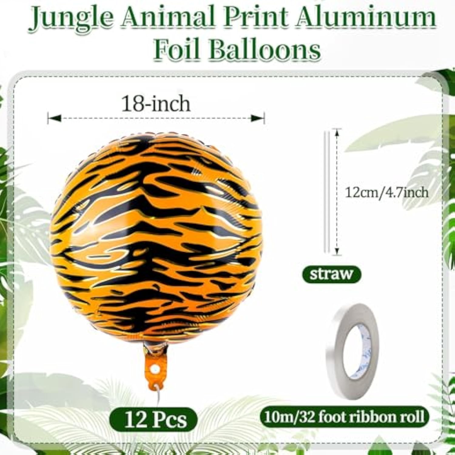 12 Pcs 18 Inch Tiger Print Aluminum Foil Balloons For Zoo Themed Jungle Safari Birthday Decorations (Animal Wildlife)