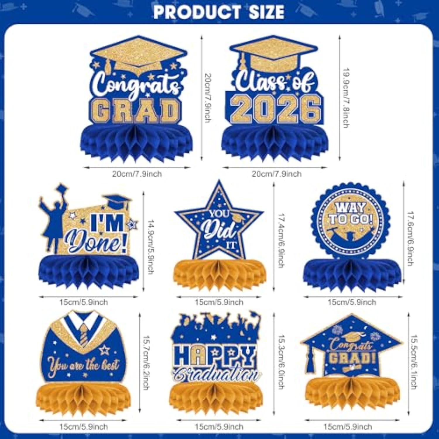 8Pc Class of 2026 Graduation Table Decorations Blue Gold Centerpieces