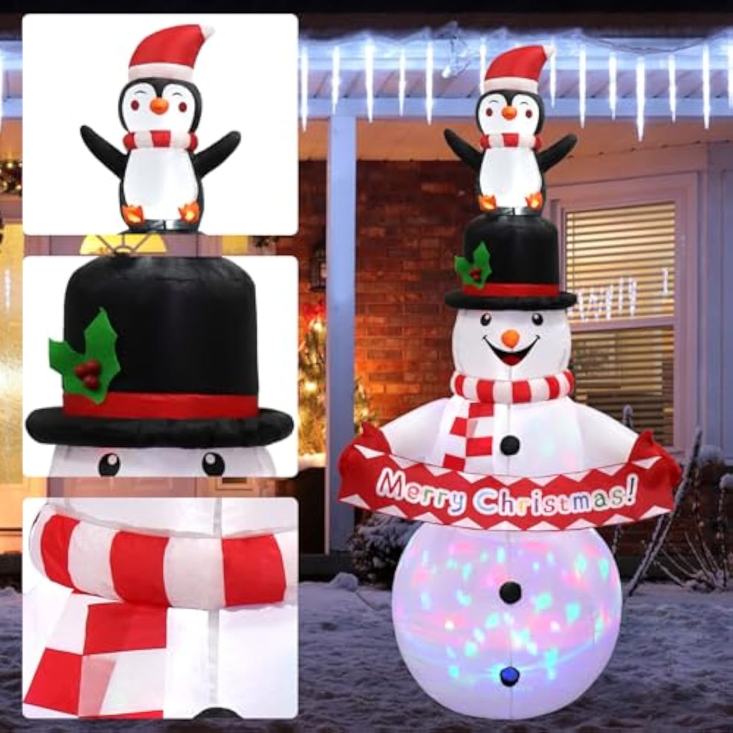 6Ft Christmas Inflatable Snowman Decorations, Blow Up Snowman Penguins With Build-In Rotating Colorful Led Lights Outdoo