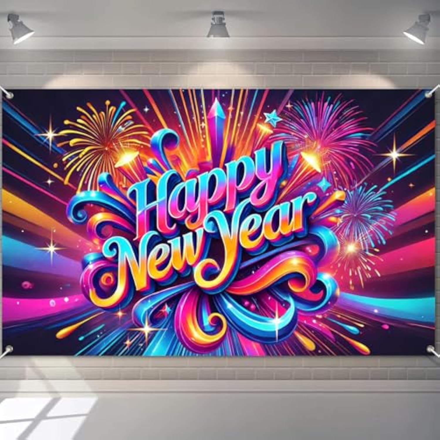 Happy New Year Backdrop 71x43in Fireworks Banner for Party Photo Booth