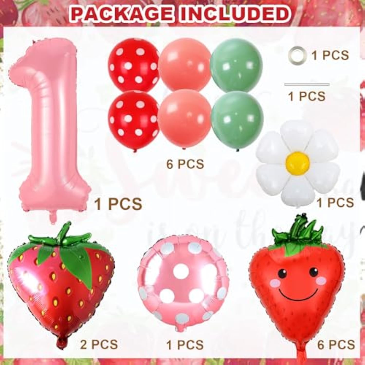 40" Pink Strawberry Number 1 Balloon for Girl’s 1st Birthday & Baby Shower