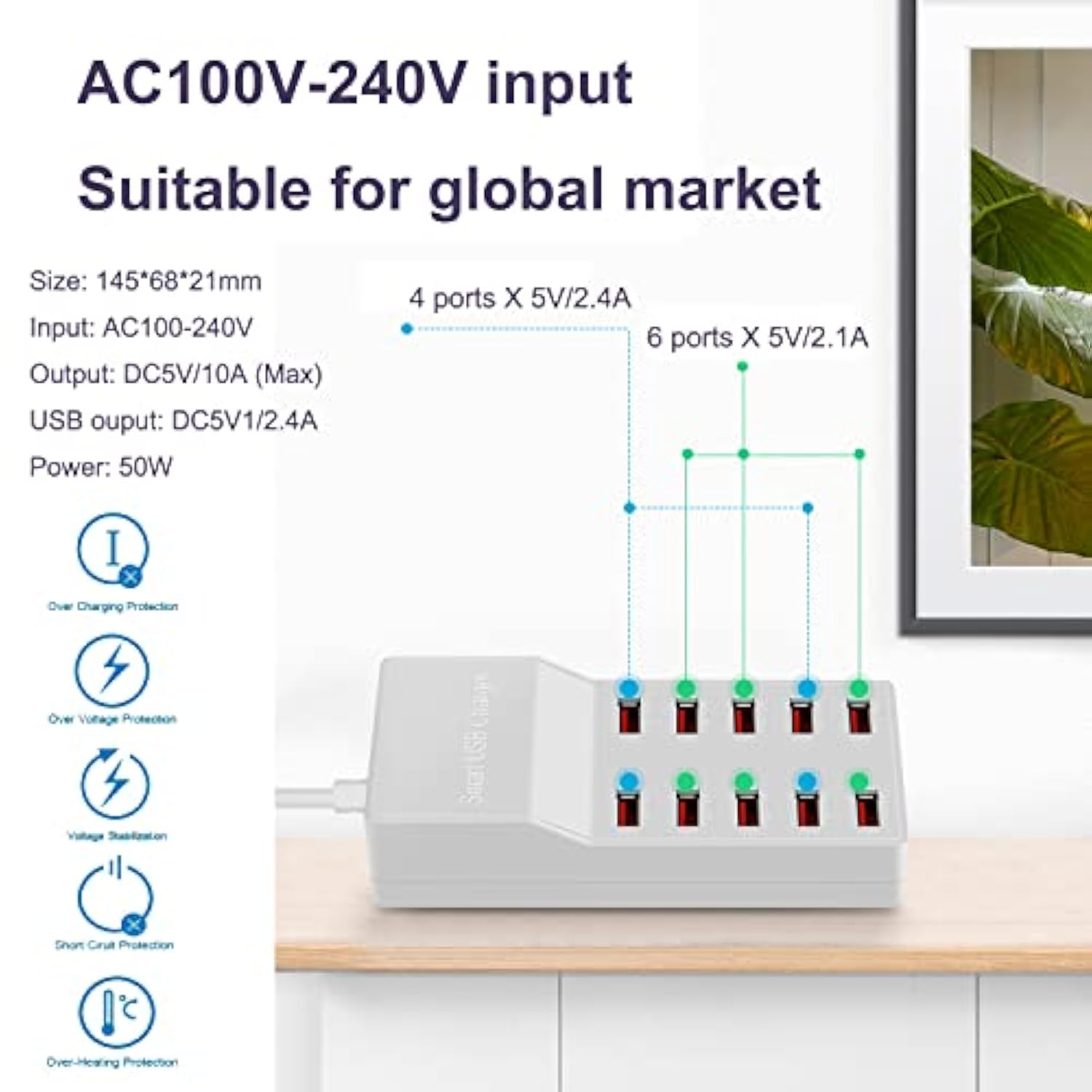 Usb Charger Station,10-Port 50W/10A Multiple Usb Charging Station,Multi Ports Usb Charger Charging For Smartphones?Tablets?And Other Usb Devices.