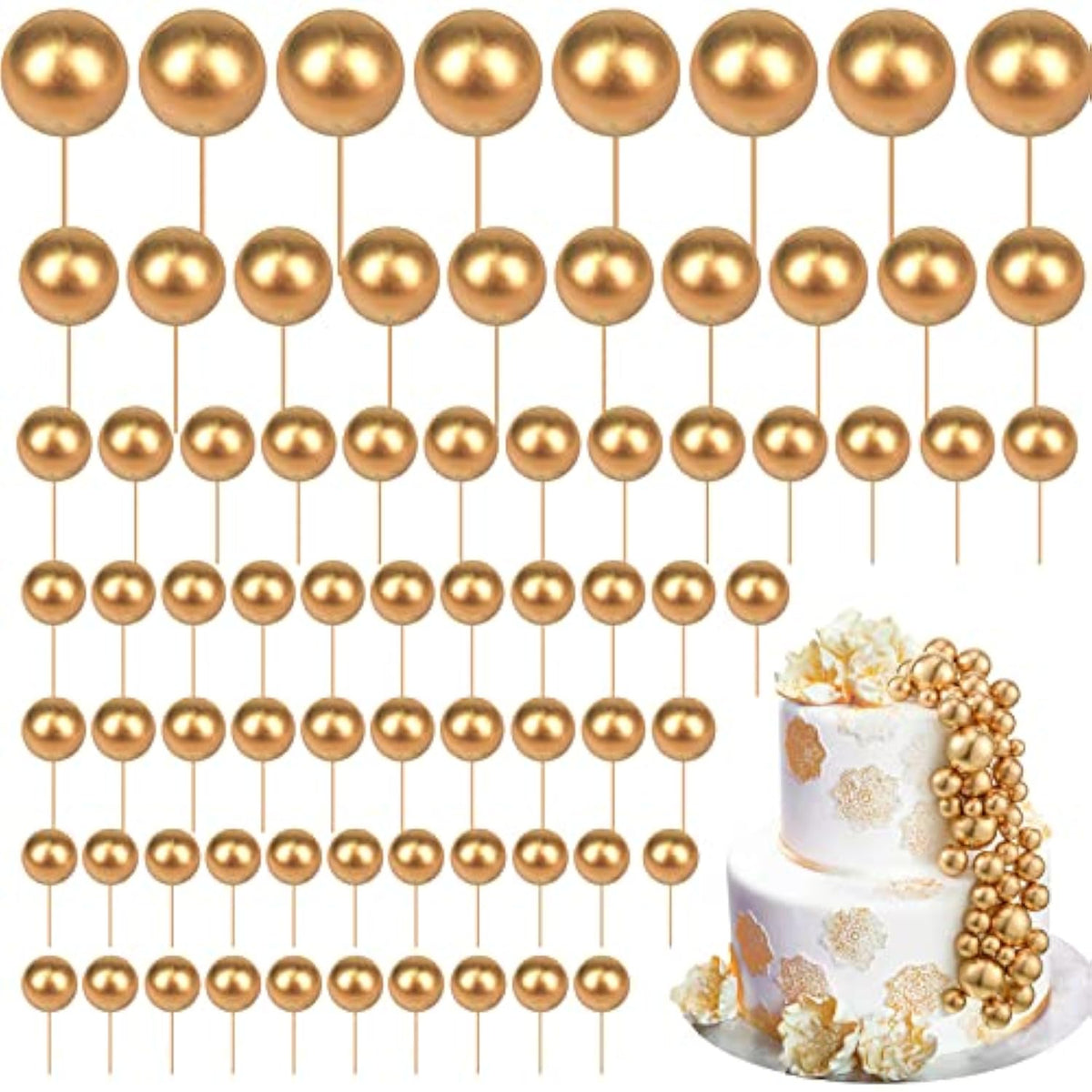 108PCS Foam Ball Cake Toppers & Cupcake Inserts in Gold for Wedding  Birthday Decor