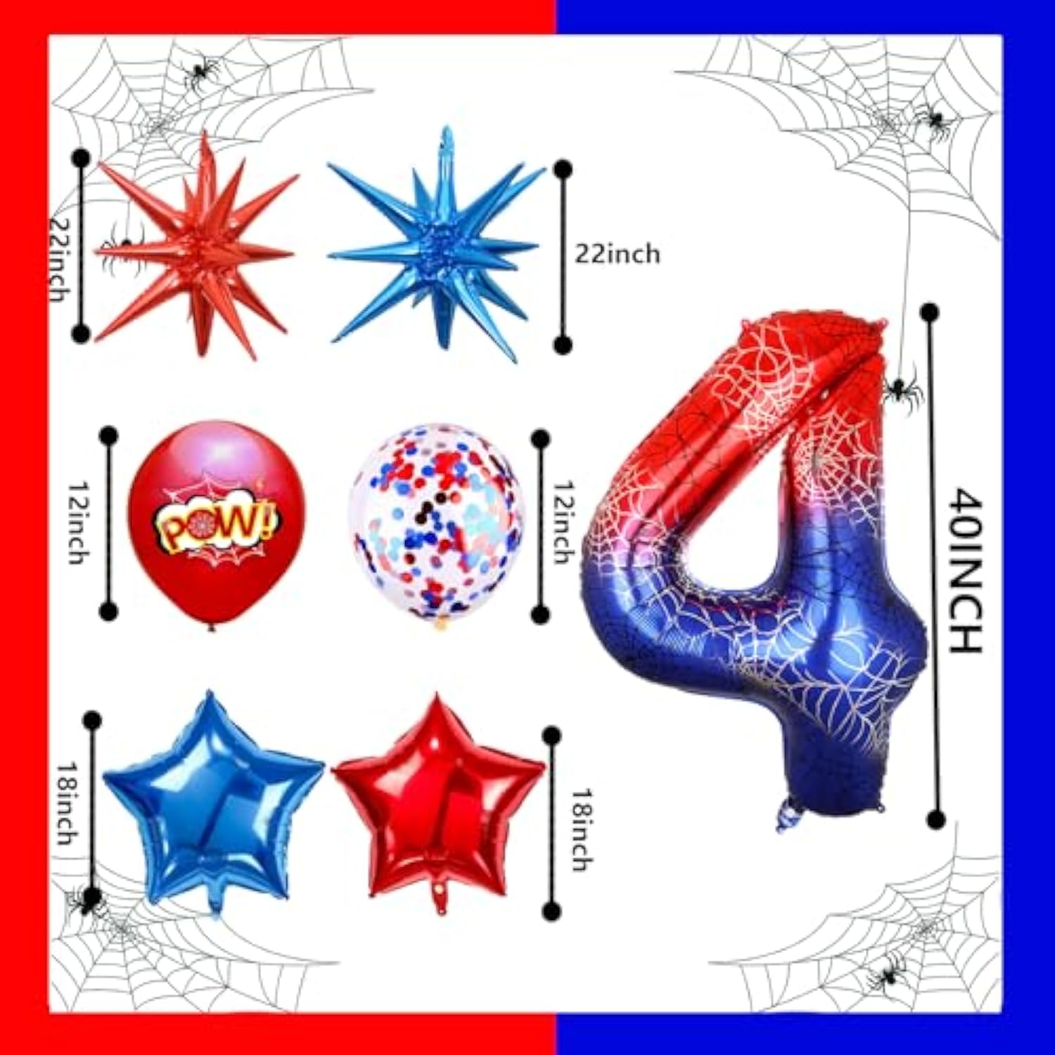 10Pcs 40 Inch Spider Theme Number 4 Foil Balloons Birthday Decoration Cartoon Hero Red And Blue Spider Web Design For Kids Large Mylar 4Th Number Balloon Cartoon Party Birthday Supplies