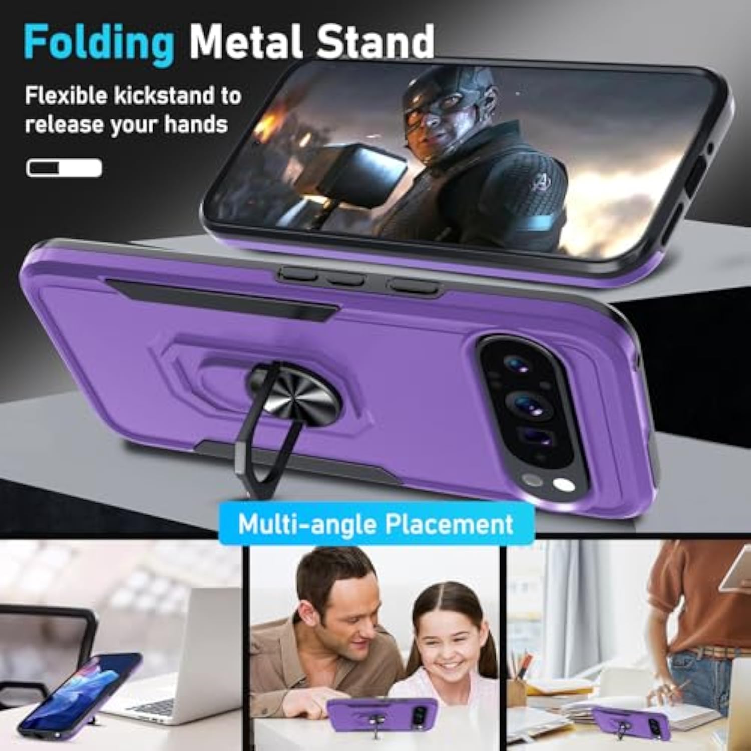For Google Pixel 9/9 Pro Case With Screen Protector+Camera Lens Protector,Heavy Duty Shockproof Full Body Phone Cover Built In Metal Ring Holder Kickstand,2024 Lavender