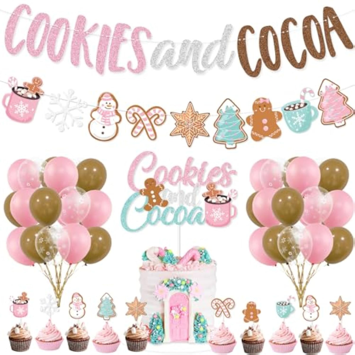 Cookies And Cocoa Party Decorations, Pink Cookies And Cocoa Banner Christmas Gingerbread Man Banner Cake Topper Balloons For Christmas Hot Cocoa Bar Supplies Birthday Party Decorations