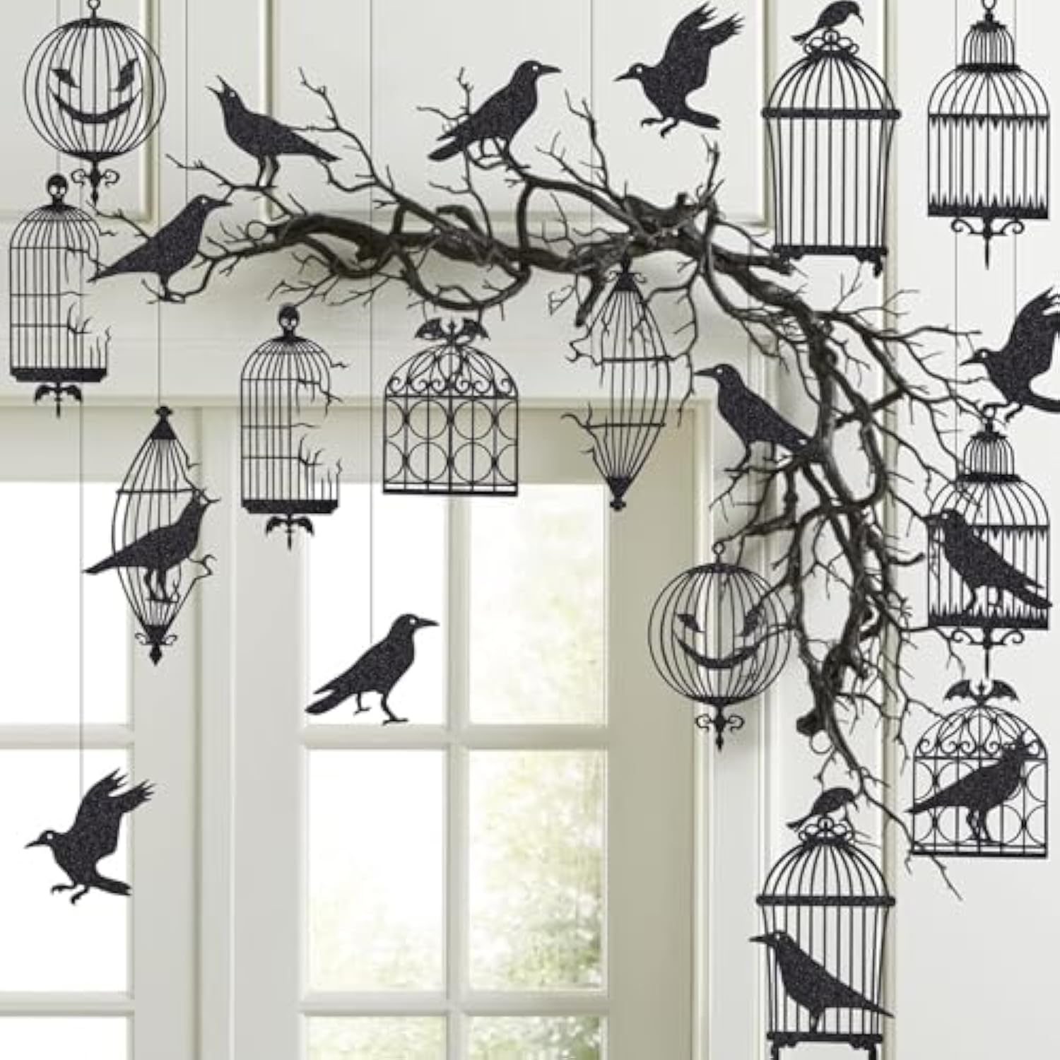 Halloween Crow Garland Black Cage Raven Gothic Party Hanging Haunted Decor