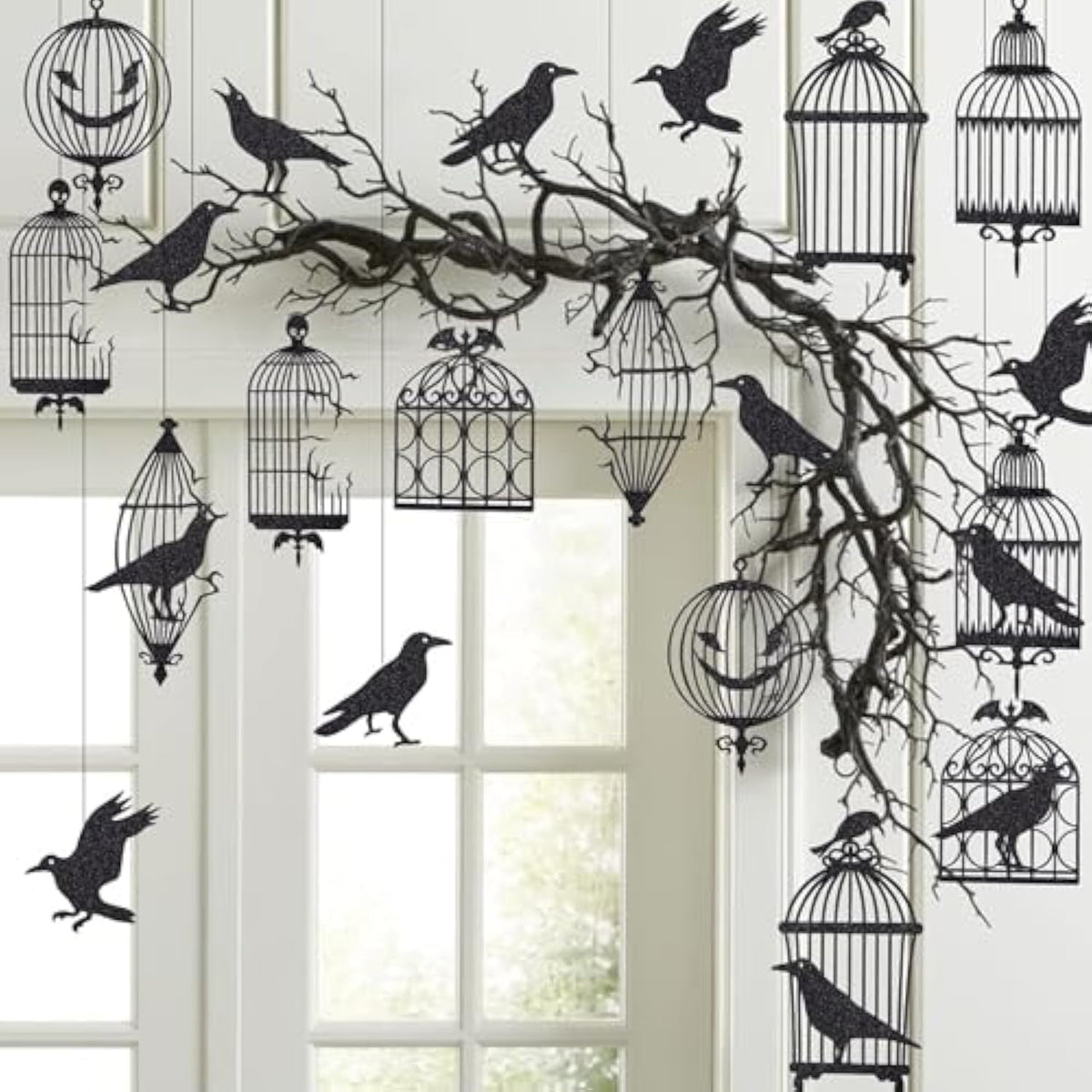 Halloween Crow Garland Black Cage Raven Gothic Party Hanging Haunted Decor