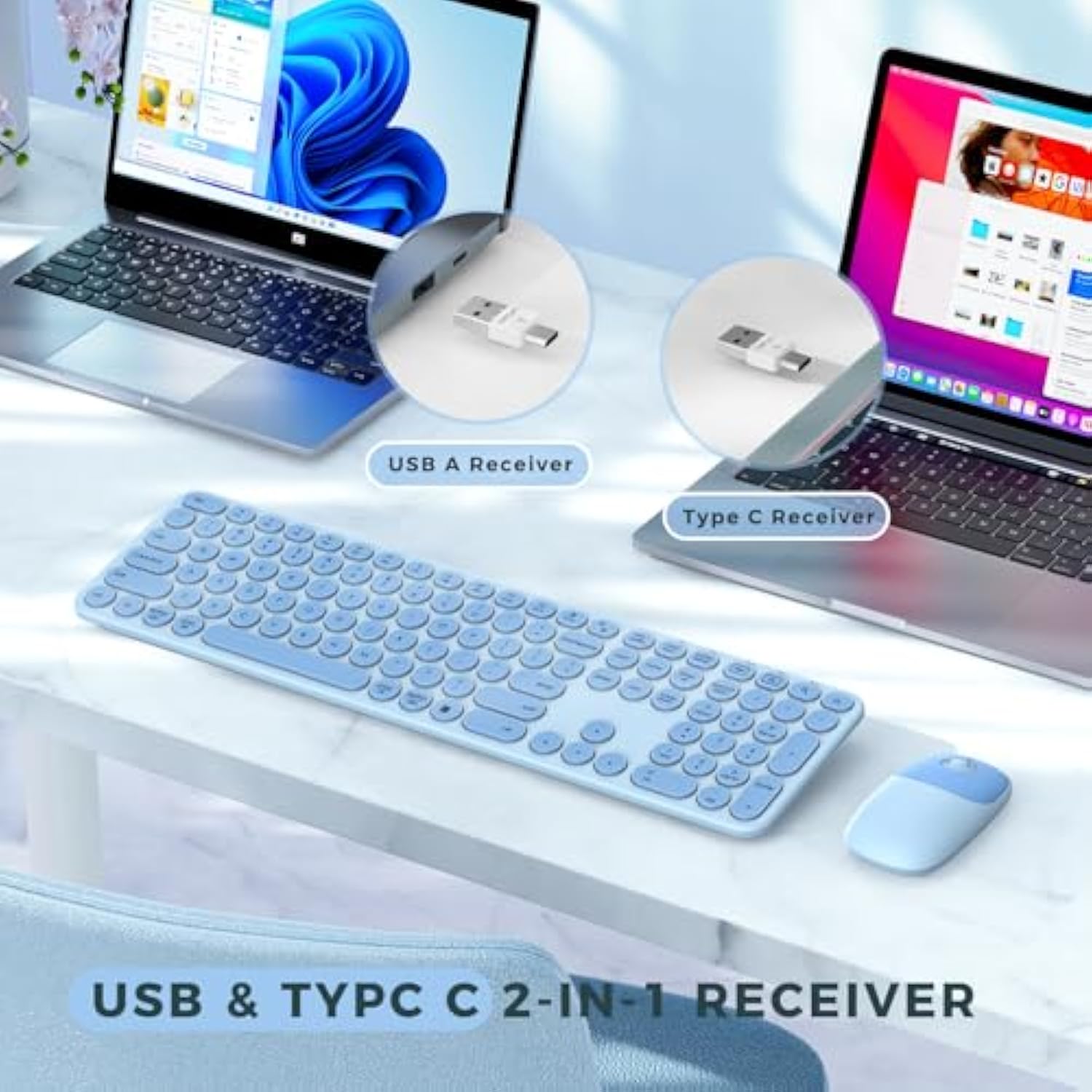 seenda Wireless Keyboard and Mouse, USB & Type C 2-in-1 Receiver, SK73-3 Full Size Teal Wireless Keyboard Mouse Combo, Compatible for Windows, MacBook Pro/Air, Laptop, Desktop, PC - Blue