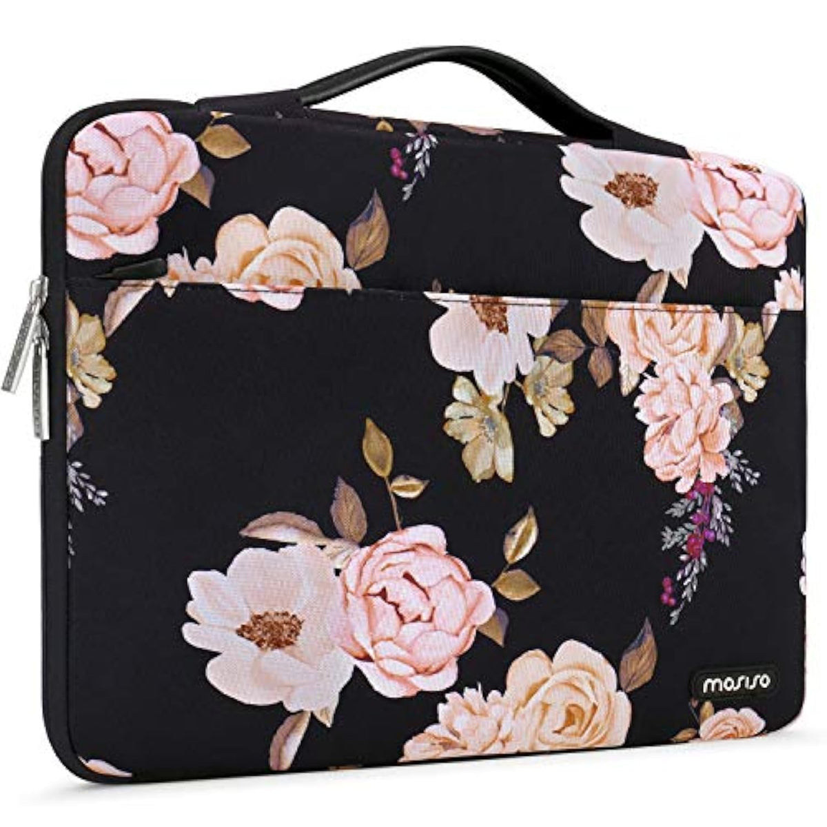 MOSISO 360 Protective Laptop Sleeve Compatible with MacBook Air 13 inch M2 A2681 M1 A2337 A2179 A1932 2023-2018/Pro M2 M1 A2338 A2251 A2289 A2159 A1989 A1706 A1708, Peony Bag with Belt, Black