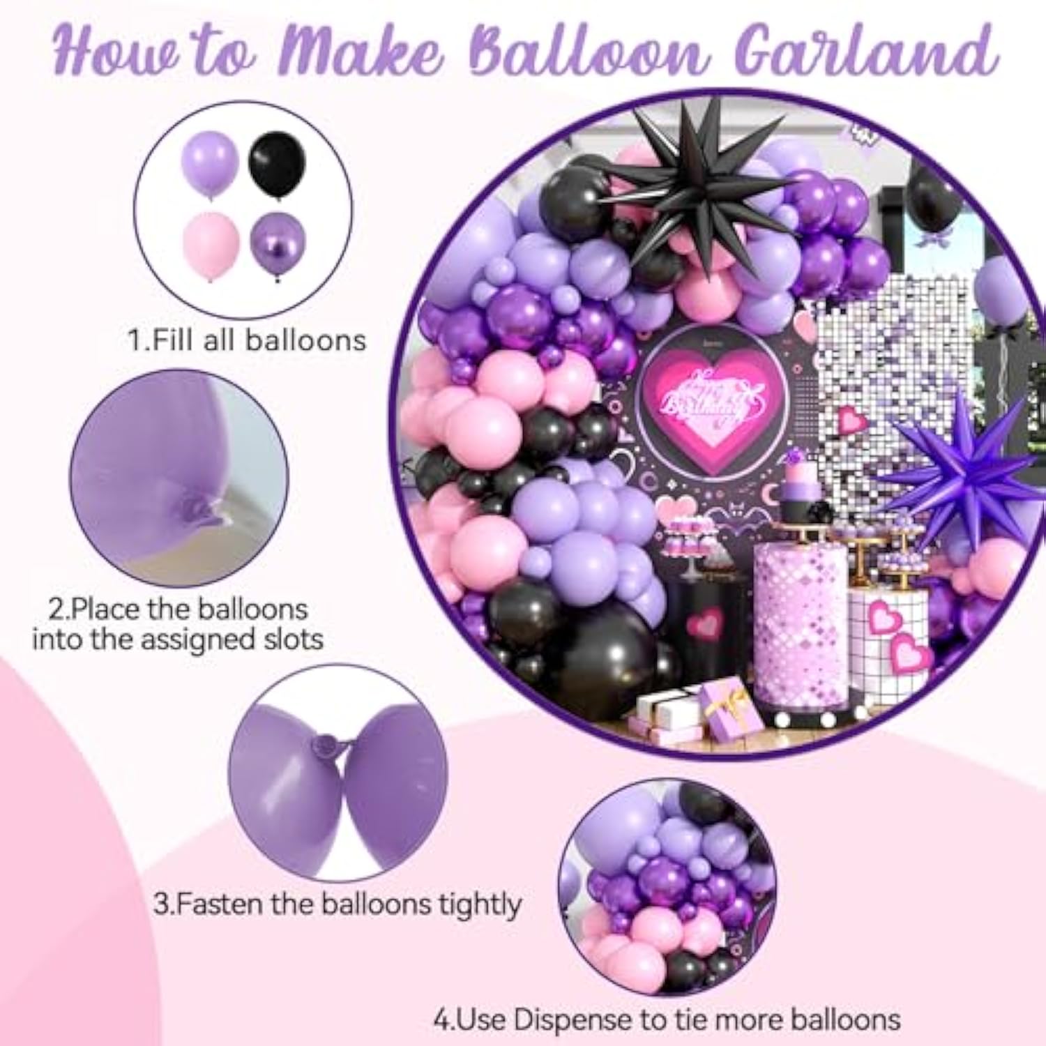 Pink And Purple Balloon Arch Garland Kit, Black Macaron Metallic Purple Pink Birthday Balloons, Star Foil Balloons For Kids Princess Girl Cartoon Theme Birthday Decorations Baby Shower Party Backdrop