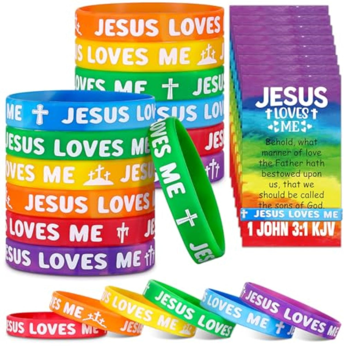30 Sets/ 60 Pcs Jesus Loves Me Silicone Wristbands With Bible Verse Cards, Christian Religious Party Favors Gift Vbs Rubber Bracelets Wristbands For Trunk Or Treat Bible Sunday School Church