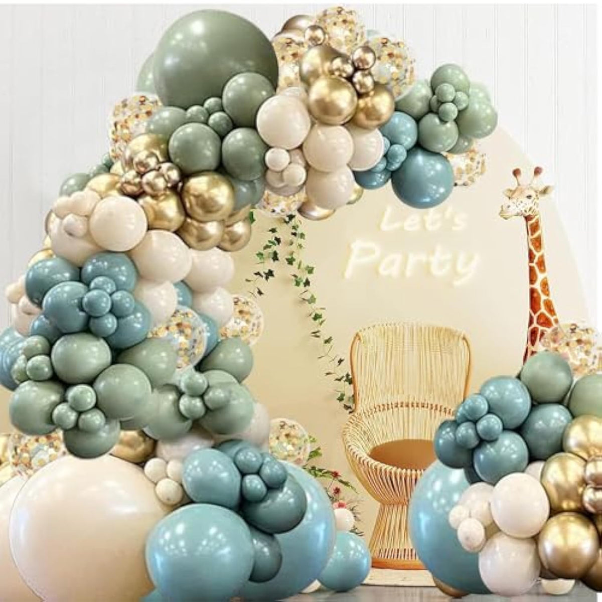 Sage Green Blue Balloons Garland Kit, 138Pcs Dusty Blue Sand White And Gold Balloons For Boys Baby Shower Wedding Birthday Jungle Safari Woodland Wild One Party Decorations………