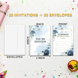 Shhh It'S A Surprise Birthday Invitations For Kids, Blue Floral Birthday Party Invitation Cards, Gold Foil Party Celebration Supplies Decoration -20 Fill In Invitations With Envelopes (B13)
