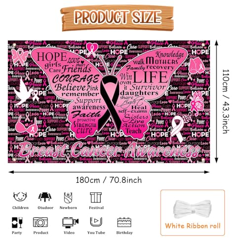 Breast Cancer Awareness Backdrop Banner Caring for Women's Health Pink Butterfiy Ribbon Hope Faith Strength Courage Sign for The People Care About Women 70.8 x 43.3 inch