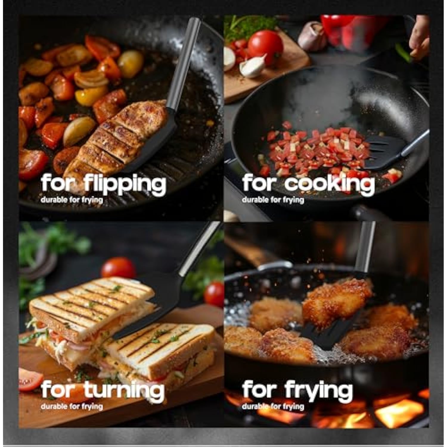 Silicone Spatula Set - Turner Spatulas Silicone Heat Resistant 600°F - Slotted & Solid Silicone Spatulas For Cooking Fish, Eggs, Pancakes Flipper – Silicone Cooking Utensils Set – Black