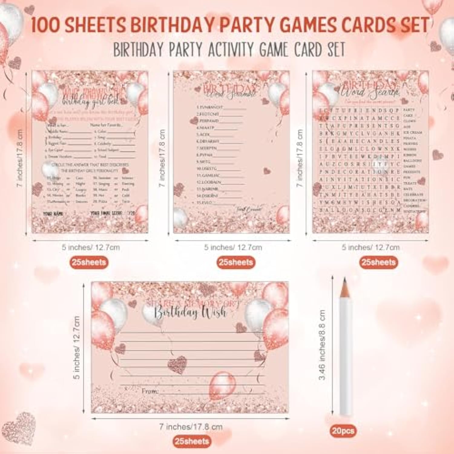 100 Pcs Who Knows The Birthday Girl Best Cards With 20 Pre Pointed Pencils Set For 20 Guests, Girls Birthday Night Game Ideas, Girls Her Sleepover Party Supplies, 4 Activities(Balloon)