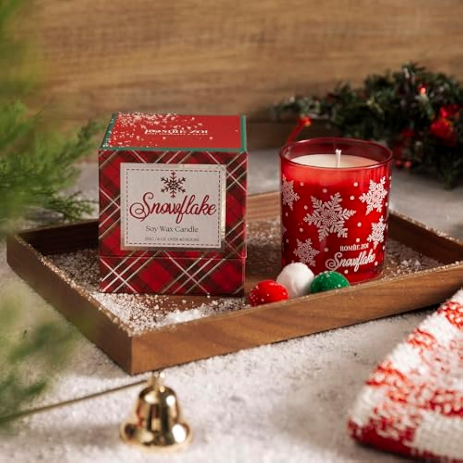 Christmas Scented Candle - 6Oz Soy Wax Candle, Snowflake, Infused With Frosty Snow & Pine Aroma - Scottish Plaid Red And Green Gift Box For Holiday Season Gift