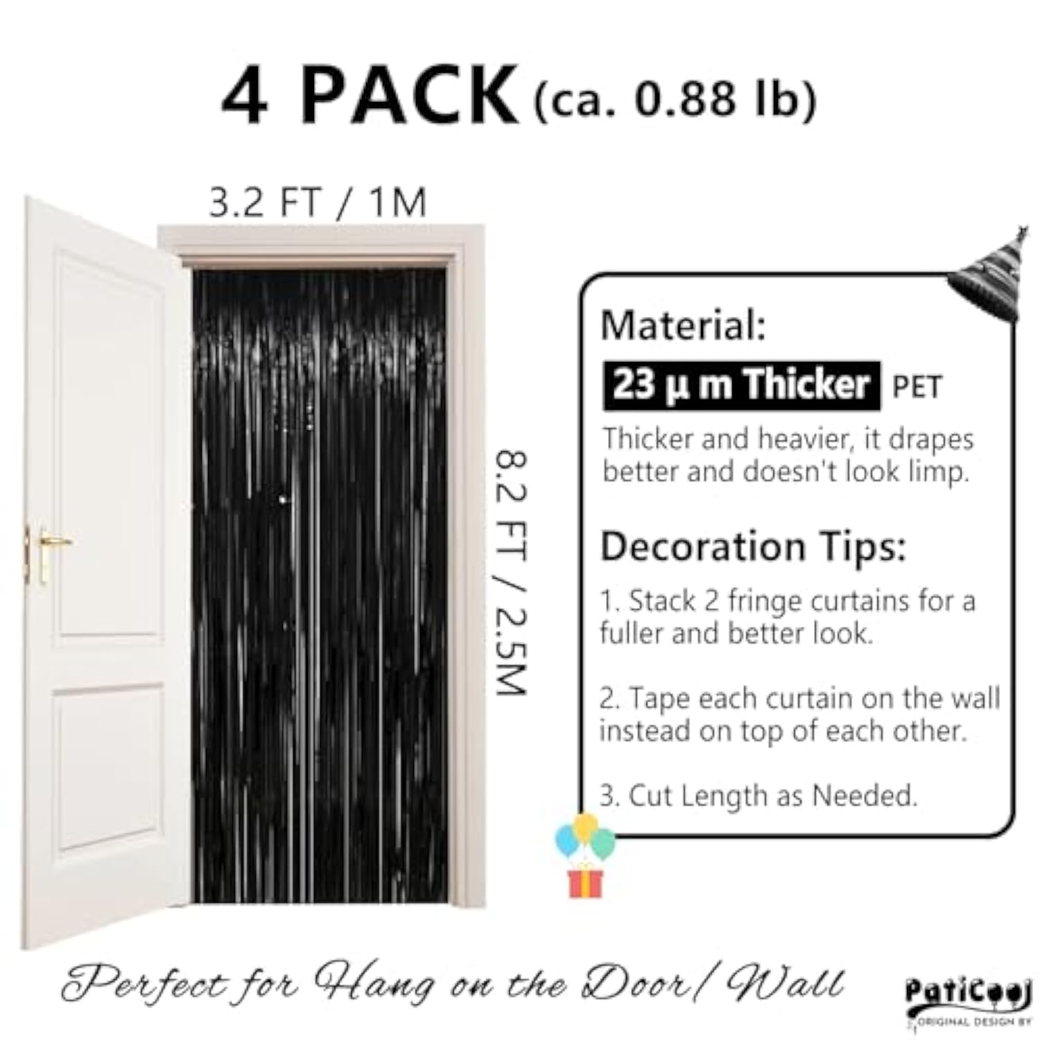 4-Pack Thick Black Tinsel Backdrop 3.2 x 8.2ft Foil Fringe Streamers
