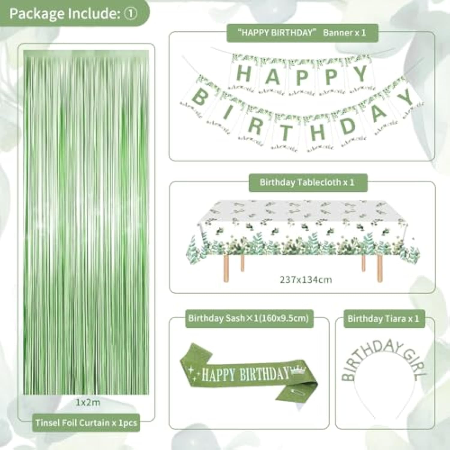 Sage Green Birthday Decorations, Green Gold Balloons Bday Party Decorations Happy Birthday Banner Green Fringe Curtain Tablecloth Crown Sash Paper Pom Poms For Girls Women Bday Decor