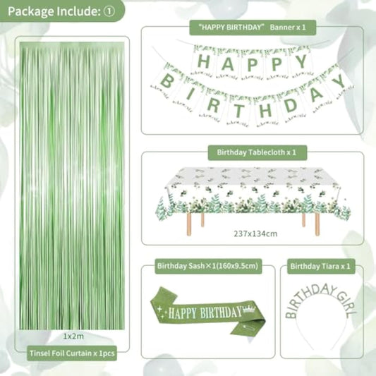 Sage Green Birthday Decorations, Green Gold Balloons Bday Party Decorations Happy Birthday Banner Green Fringe Curtain Tablecloth Crown Sash Paper Pom Poms For Girls Women Bday Decor