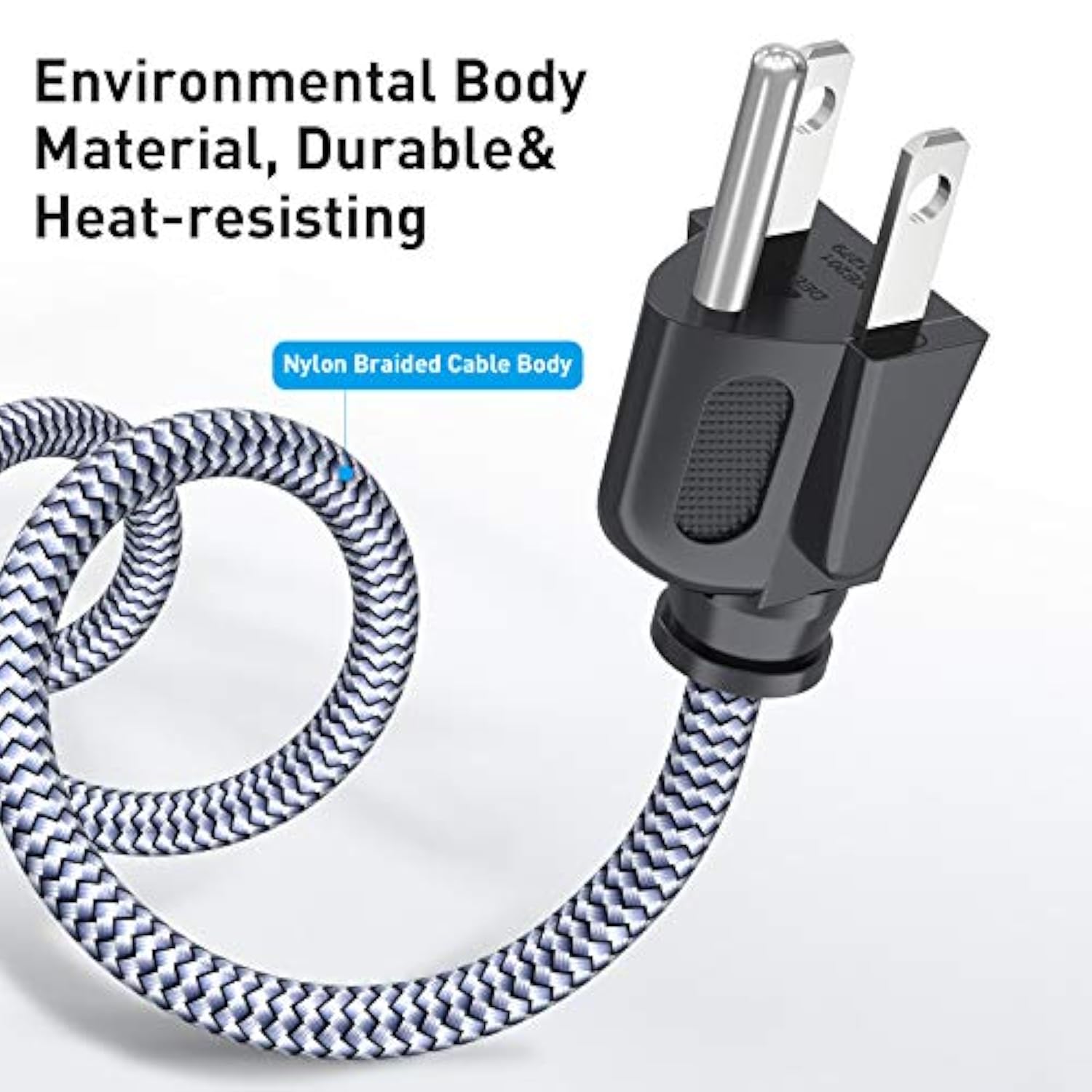 Power Cord, 15Ft/4.5M Ac Power Cable 18Awg Nylon Braided 3 Prong Power Cord Replacement Power Cable Ul Certified For Computer, Tv, Monitor, Printer, Pc, Projector & More