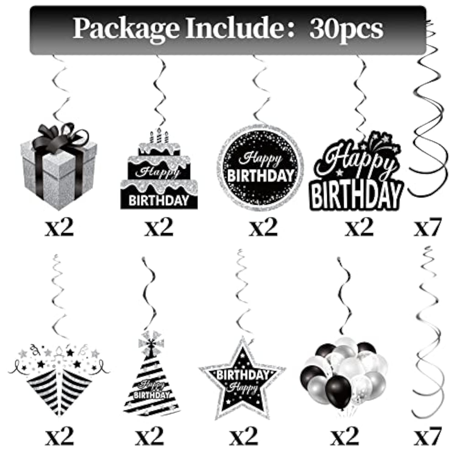 16PCS Black White Silver Birthday Swirls – Ceiling Hanging Party Decor set